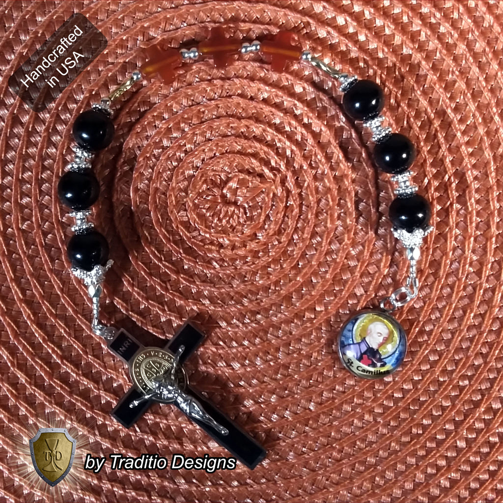 St. Camillus de Lellis Royal Limited Edition Relic Chaplet | 18K Gold Plated Crucifix | Healing of Sickness & Leg Injuries | Black Onyx & Carnelian Stones | 3rd Class Relic | Includes Instruction Prayer Card