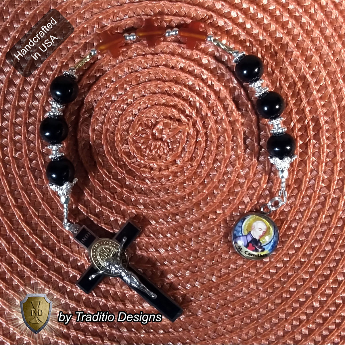 St. Camillus de Lellis Royal Limited Edition Relic Chaplet | 18K Gold Plated Crucifix | Healing of Sickness & Leg Injuries | Black Onyx & Carnelian Stones | 3rd Class Relic | Includes Instruction Prayer Card