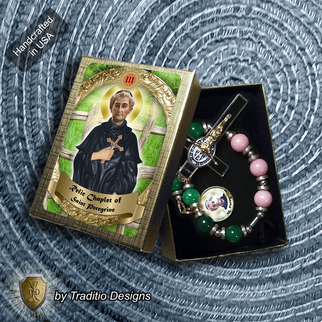 St. Peregrine Anti-Cancer Royal Limited Edition Relic Chaplet | 18K Gold Plated Crucifix | Healing of Cancer & Skin Diseases | Green Jade & Pink Jade Stones | 3rd Class Relic | Includes Instruction Prayer Card