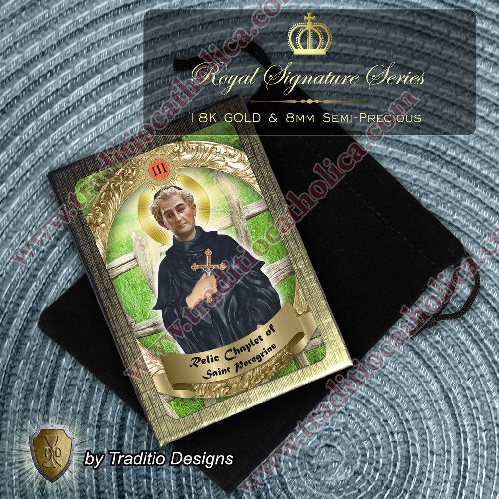 St. Peregrine Anti-Cancer Royal Limited Edition Relic Chaplet | 18K Gold Plated Crucifix | Healing of Cancer & Skin Diseases | Green Jade & Pink Jade Stones | 3rd Class Relic | Includes Instruction Prayer Card