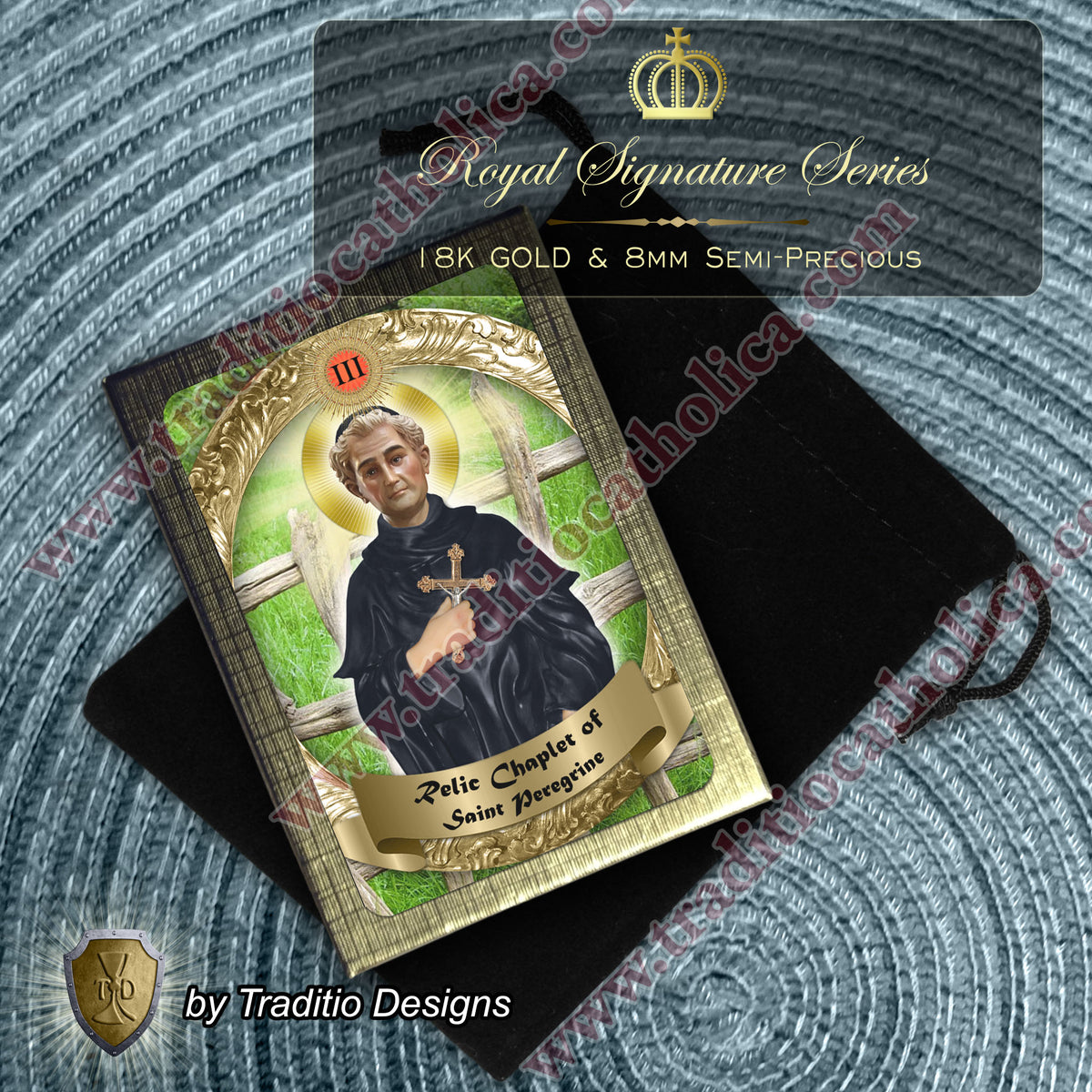 St. Peregrine Anti-Cancer Royal Limited Edition Relic Chaplet | 18K Gold Plated Crucifix | Healing of Cancer & Skin Diseases | Green Jade & Pink Jade Stones | 3rd Class Relic | Includes Instruction Prayer Card