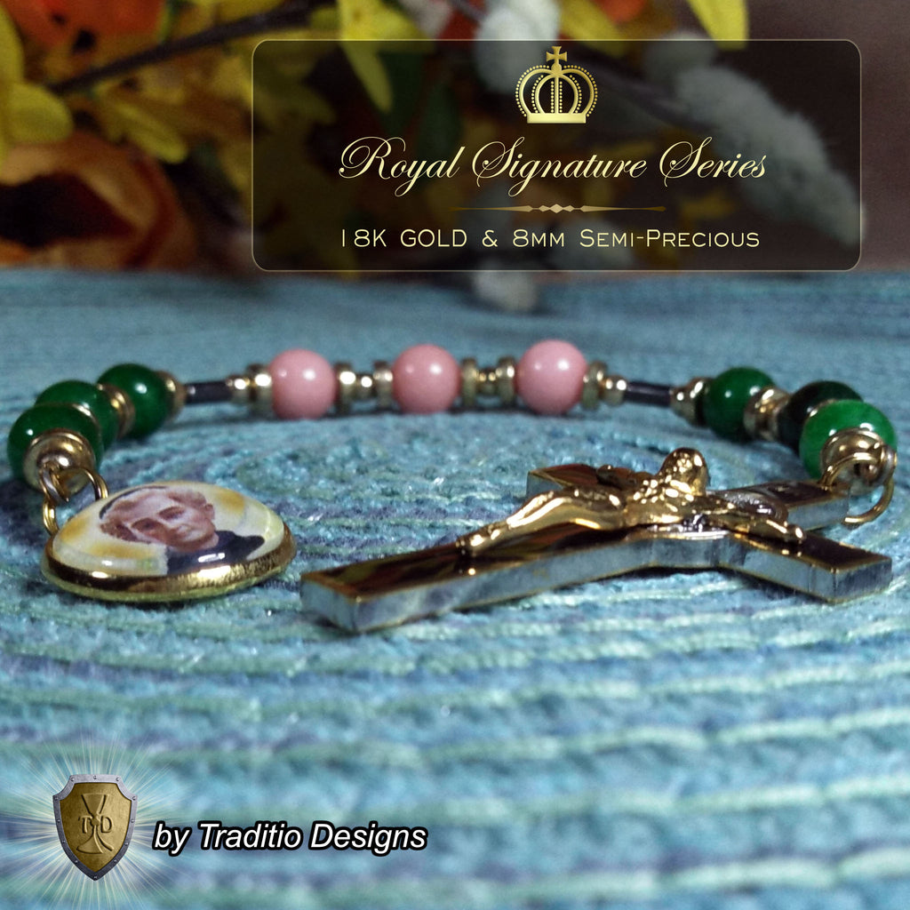 St. Peregrine Anti-Cancer Royal Limited Edition Relic Chaplet | 18K Gold Plated Crucifix | Healing of Cancer & Skin Diseases | Green Jade & Pink Jade Stones | 3rd Class Relic | Includes Instruction Prayer Card
