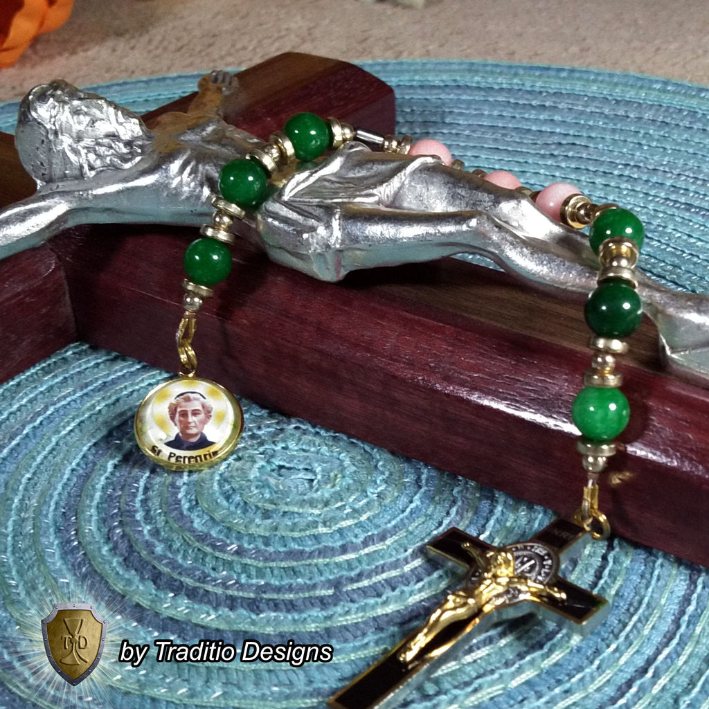 St. Peregrine Anti-Cancer Royal Limited Edition Relic Chaplet | 18K Gold Plated Crucifix | Healing of Cancer & Skin Diseases | Green Jade & Pink Jade Stones | 3rd Class Relic | Includes Instruction Prayer Card