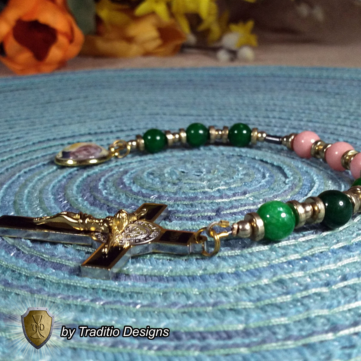 St. Peregrine Anti-Cancer Royal Limited Edition Relic Chaplet | 18K Gold Plated Crucifix | Healing of Cancer & Skin Diseases | Green Jade & Pink Jade Stones | 3rd Class Relic | Includes Instruction Prayer Card