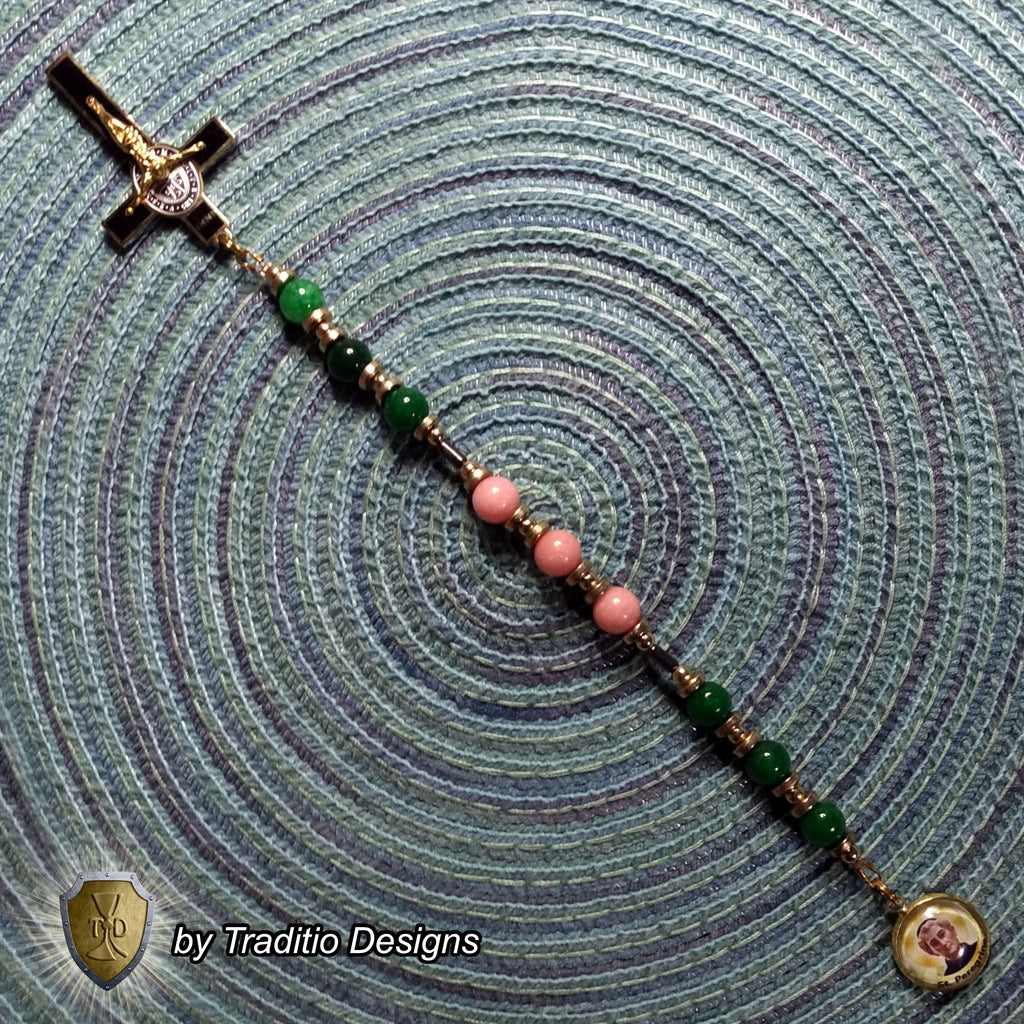 St. Peregrine Anti-Cancer Royal Limited Edition Relic Chaplet | 18K Gold Plated Crucifix | Healing of Cancer & Skin Diseases | Green Jade & Pink Jade Stones | 3rd Class Relic | Includes Instruction Prayer Card