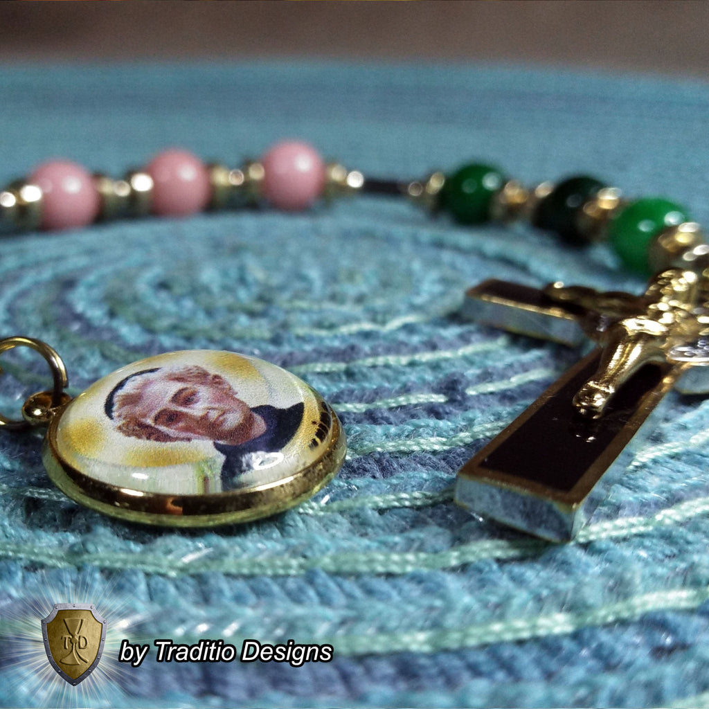 St. Peregrine Anti-Cancer Royal Limited Edition Relic Chaplet | 18K Gold Plated Crucifix | Healing of Cancer & Skin Diseases | Green Jade & Pink Jade Stones | 3rd Class Relic | Includes Instruction Prayer Card
