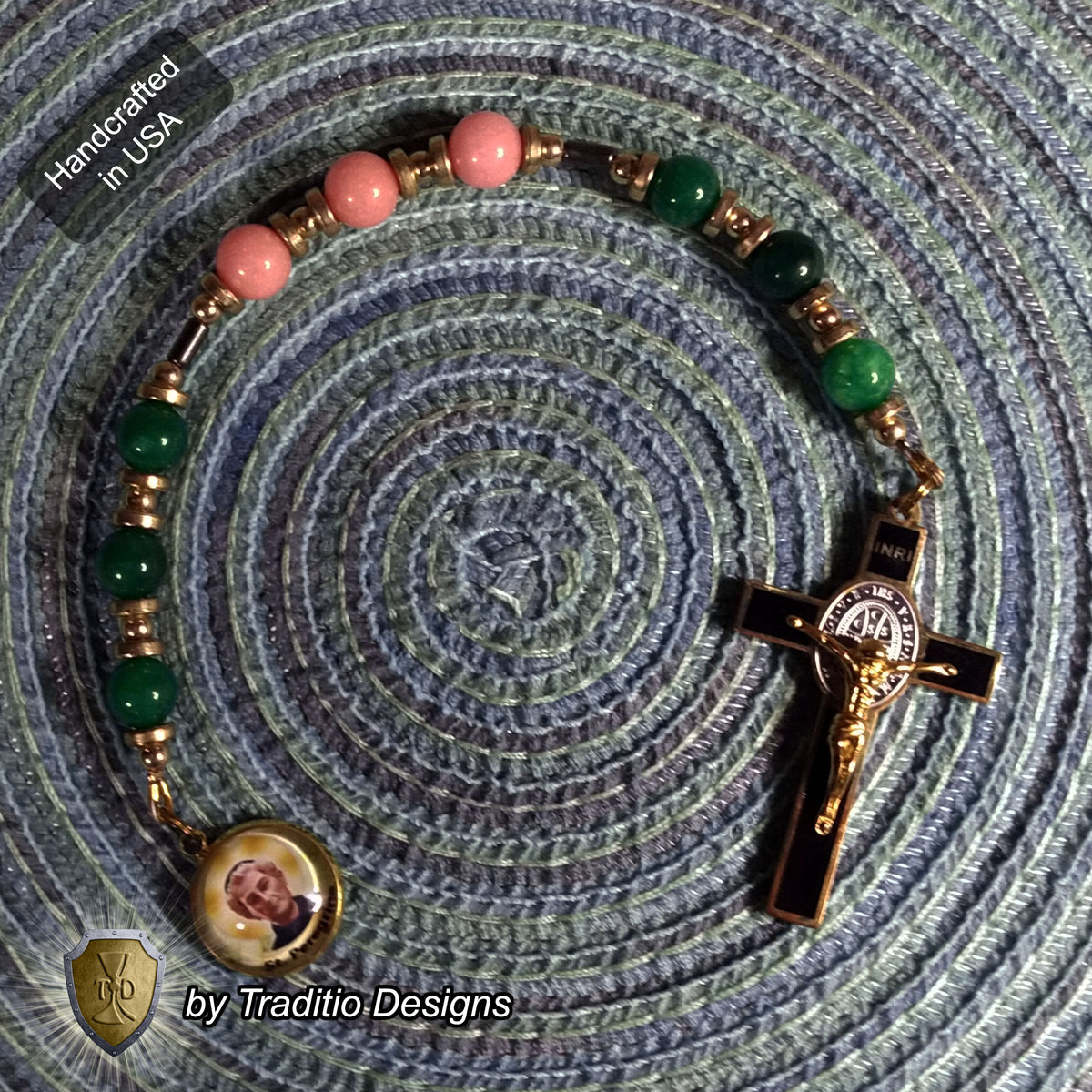 St. Peregrine Anti-Cancer Royal Limited Edition Relic Chaplet | 18K Gold Plated Crucifix | Healing of Cancer & Skin Diseases | Green Jade & Pink Jade Stones | 3rd Class Relic | Includes Instruction Prayer Card