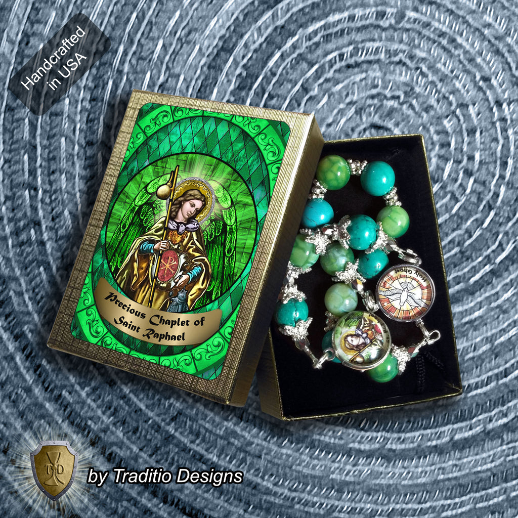 St. Raphael the Archangel Royal Limited Edition Chaplet | Green Fire Agate & Turquoise | God’s Holy Healer | Includes Instruction Prayer Card