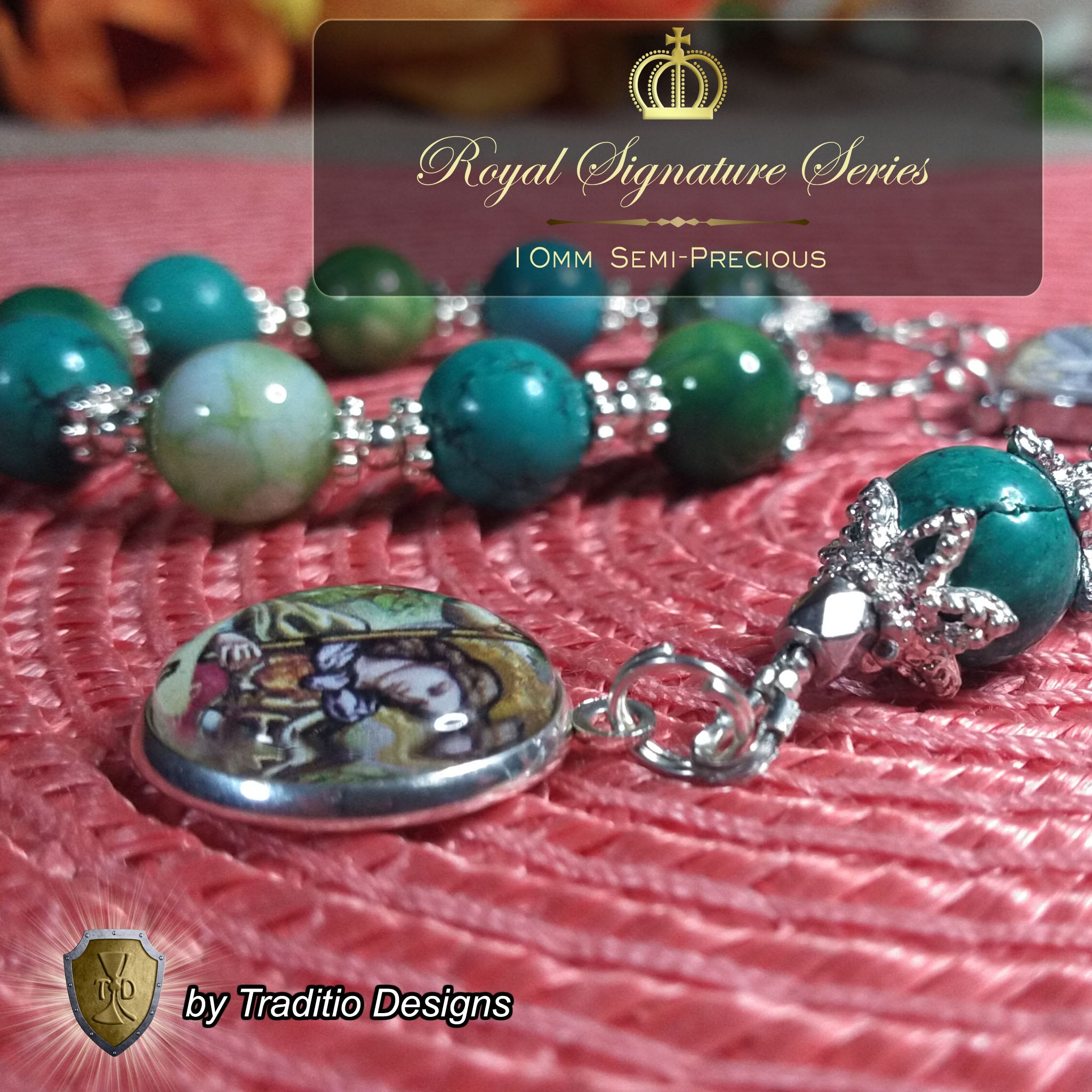 St. Raphael the Archangel Royal Limited Edition Chaplet | Green Fire Agate & Turquoise | God’s Holy Healer | Includes Instruction Prayer Card