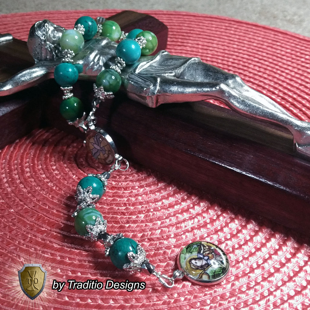 St. Raphael the Archangel Royal Limited Edition Chaplet | Green Fire Agate & Turquoise | God’s Holy Healer | Includes Instruction Prayer Card