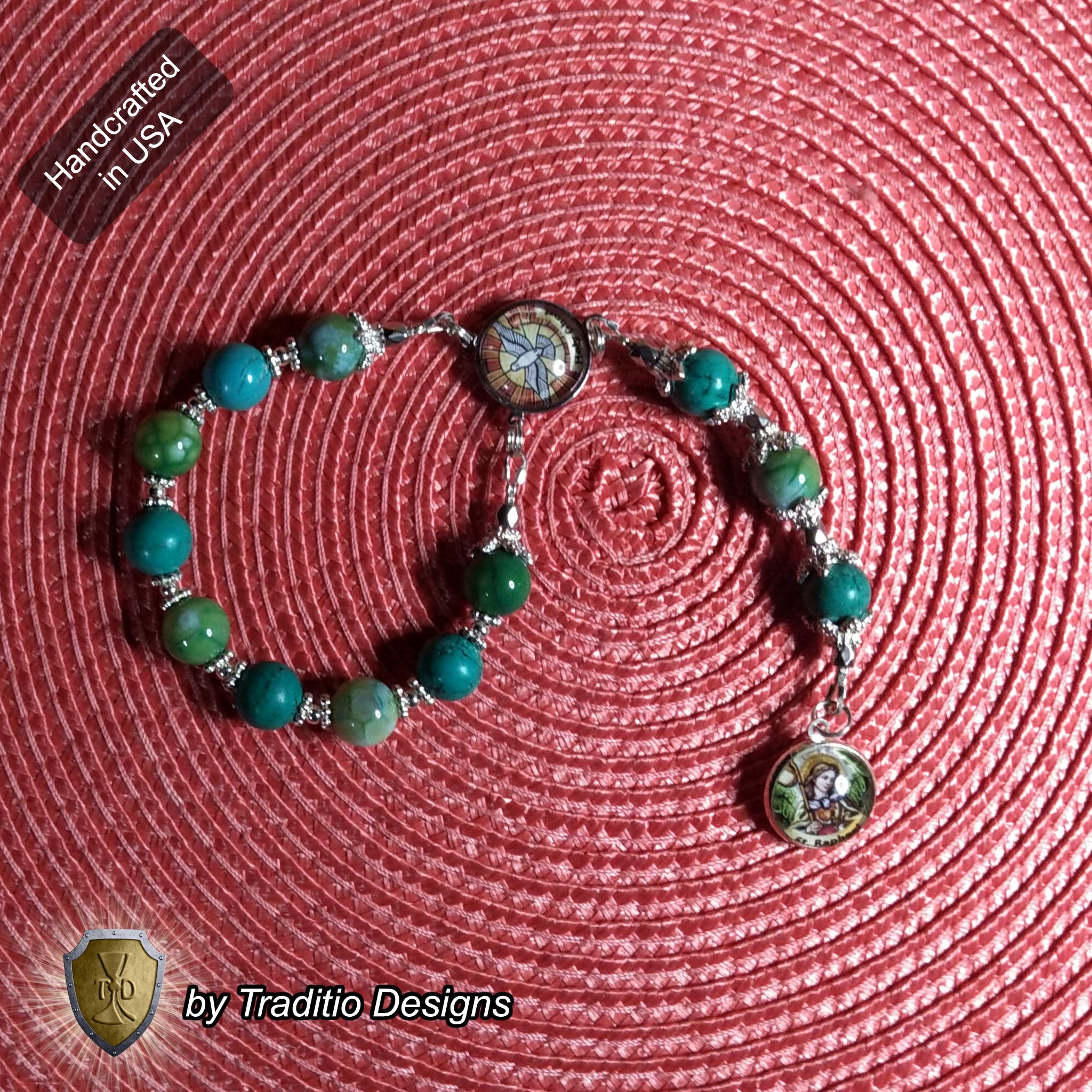 St. Raphael the Archangel Royal Limited Edition Chaplet | Green Fire Agate & Turquoise | God’s Holy Healer | Includes Instruction Prayer Card