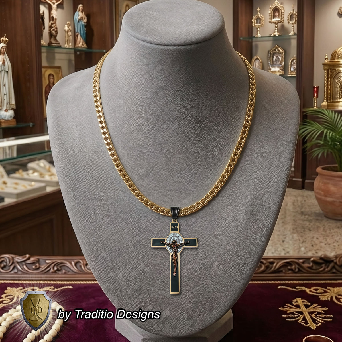 St. Benedict 18K Gold Crucifix | 18K Onyx Black Seamless Center | Traditio Designs Exclusive