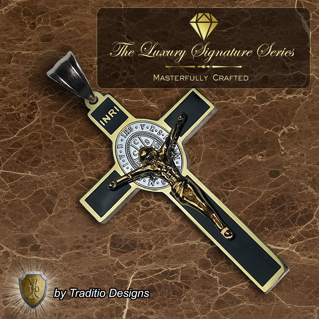 St. Benedict 18K Gold Crucifix | 18K Onyx Black Seamless Center | Traditio Designs Exclusive