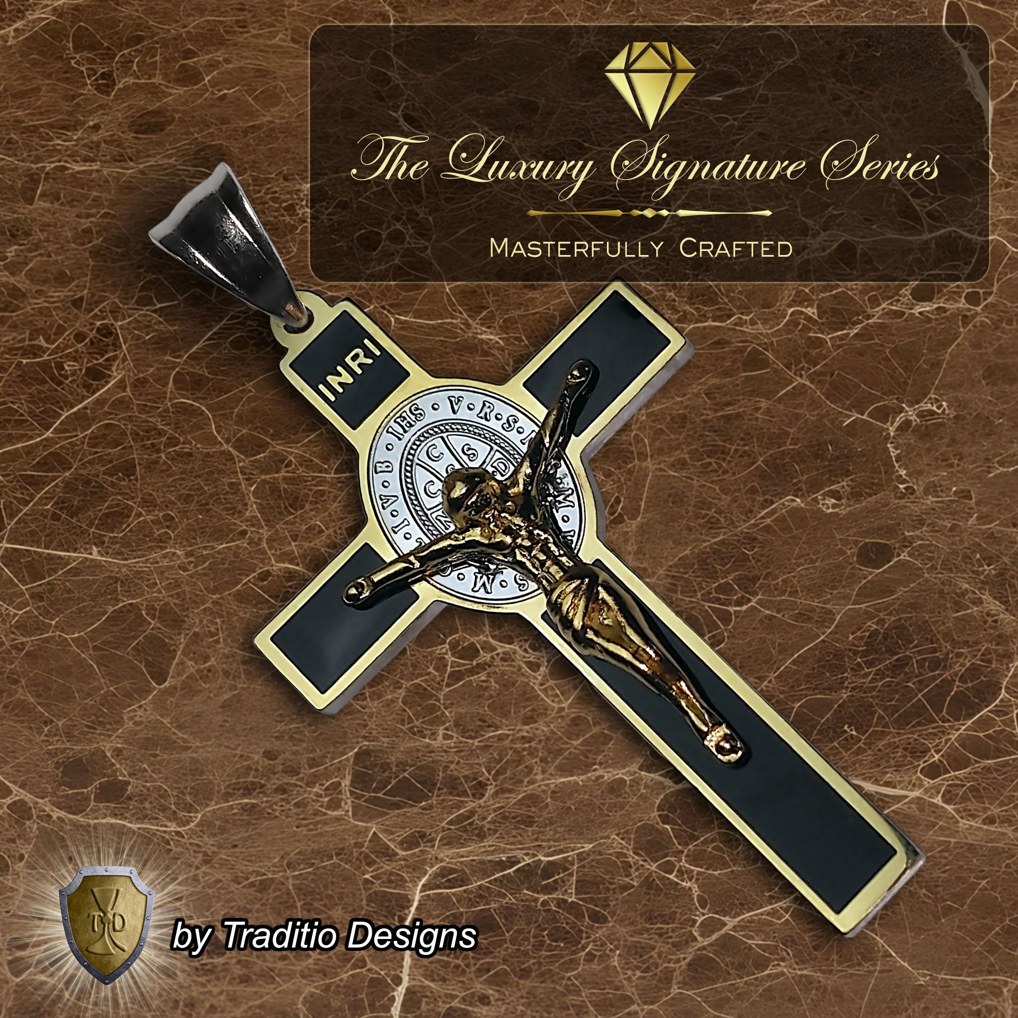 St. Benedict 18K Gold Crucifix | 18K Onyx Black Seamless Center | Traditio Designs Exclusive