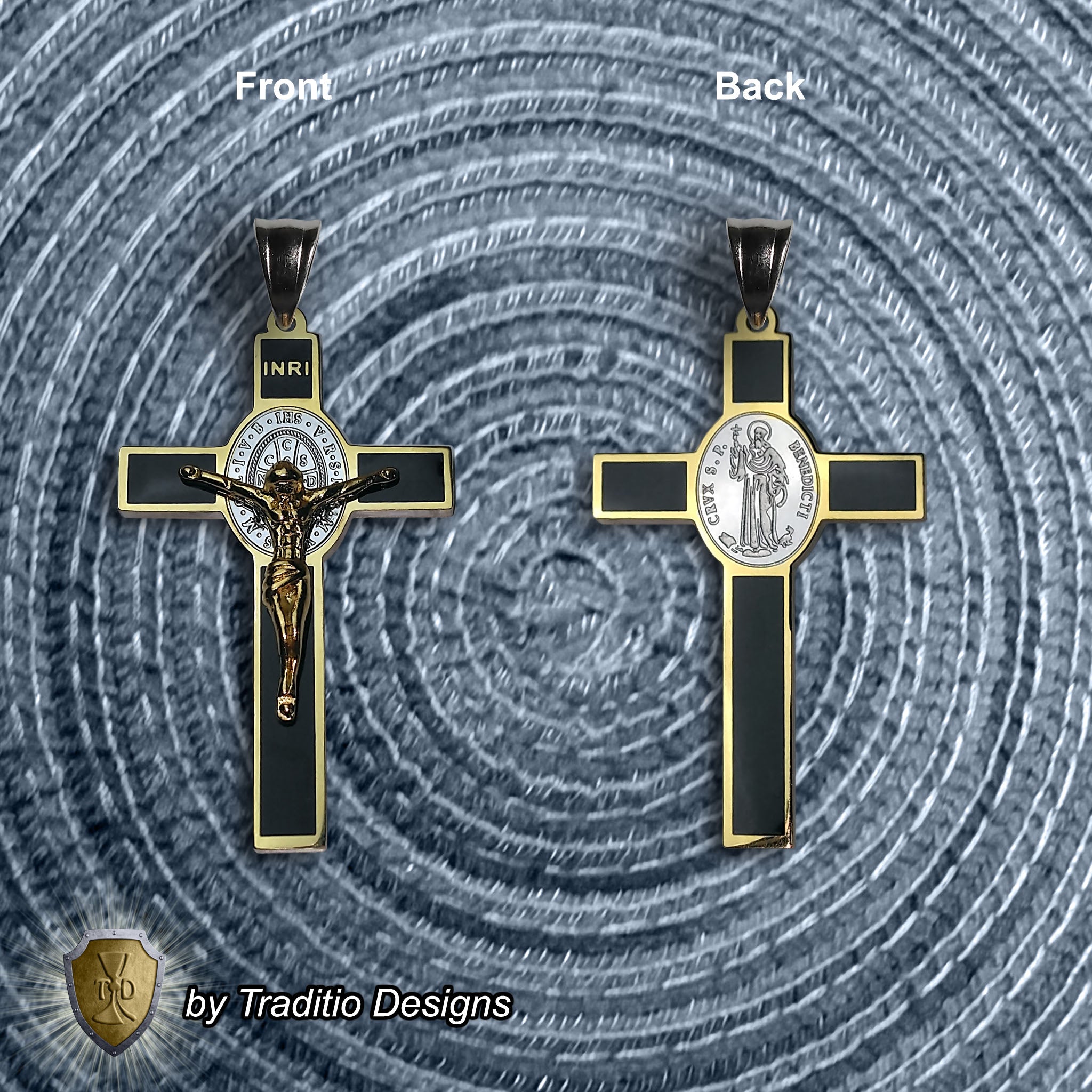 St. Benedict 18K Gold Crucifix | 18K Onyx Black Seamless Center | Traditio Designs Exclusive