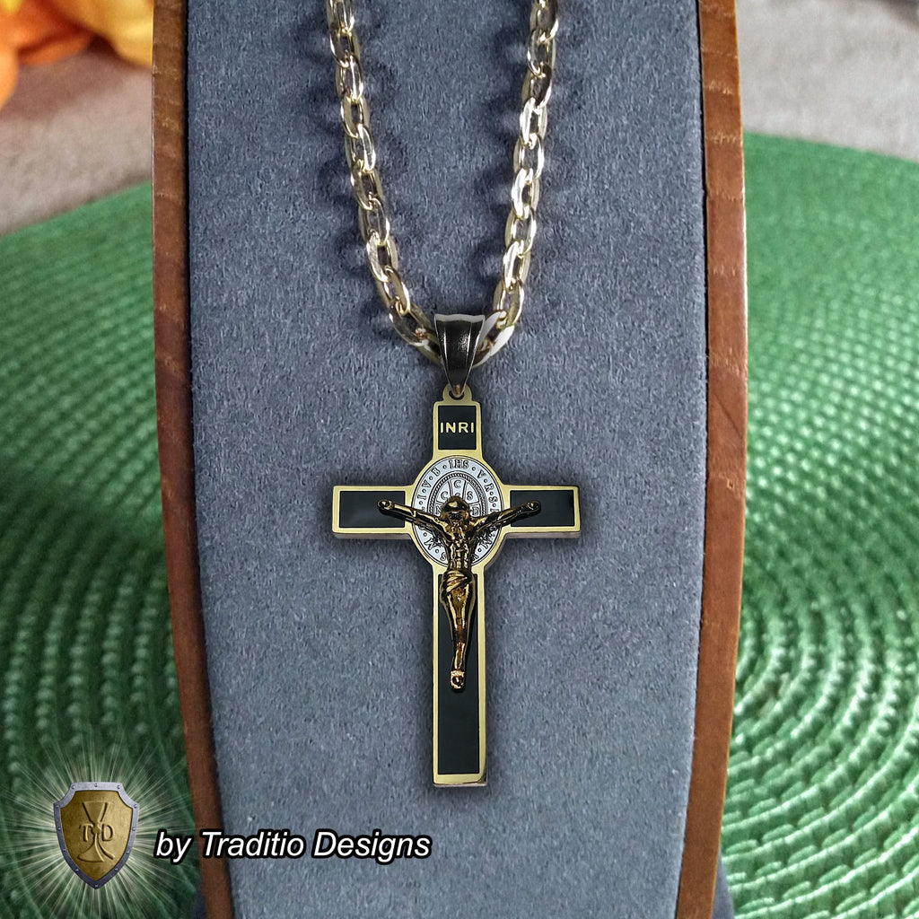 St. Benedict 18K Gold Crucifix | 18K Onyx Black Seamless Center | Traditio Designs Exclusive