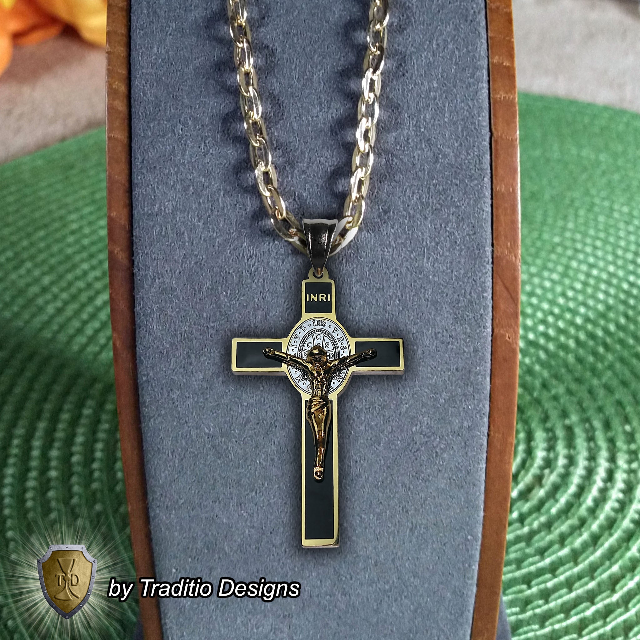 St. Benedict 18K Gold Crucifix | 18K Onyx Black Seamless Center | Traditio Designs Exclusive