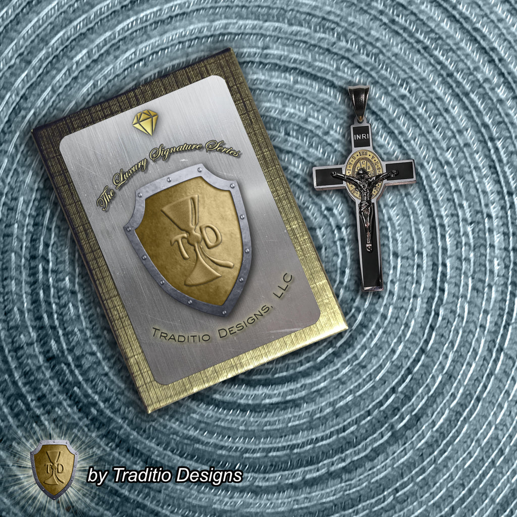 St. Benedict 18K Gold Silver-Tone Crucifix | 18K Onyx Black Seamless Center | Traditio Designs Exclusive