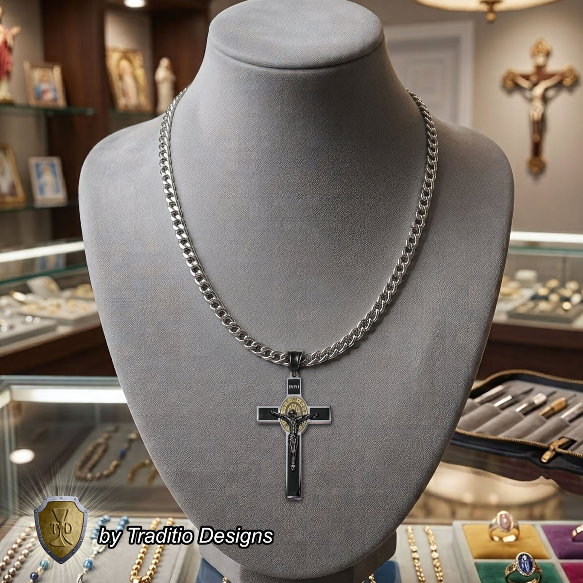 St. Benedict 18K Gold Silver-Tone Crucifix | 18K Onyx Black Seamless Center | Traditio Designs Exclusive