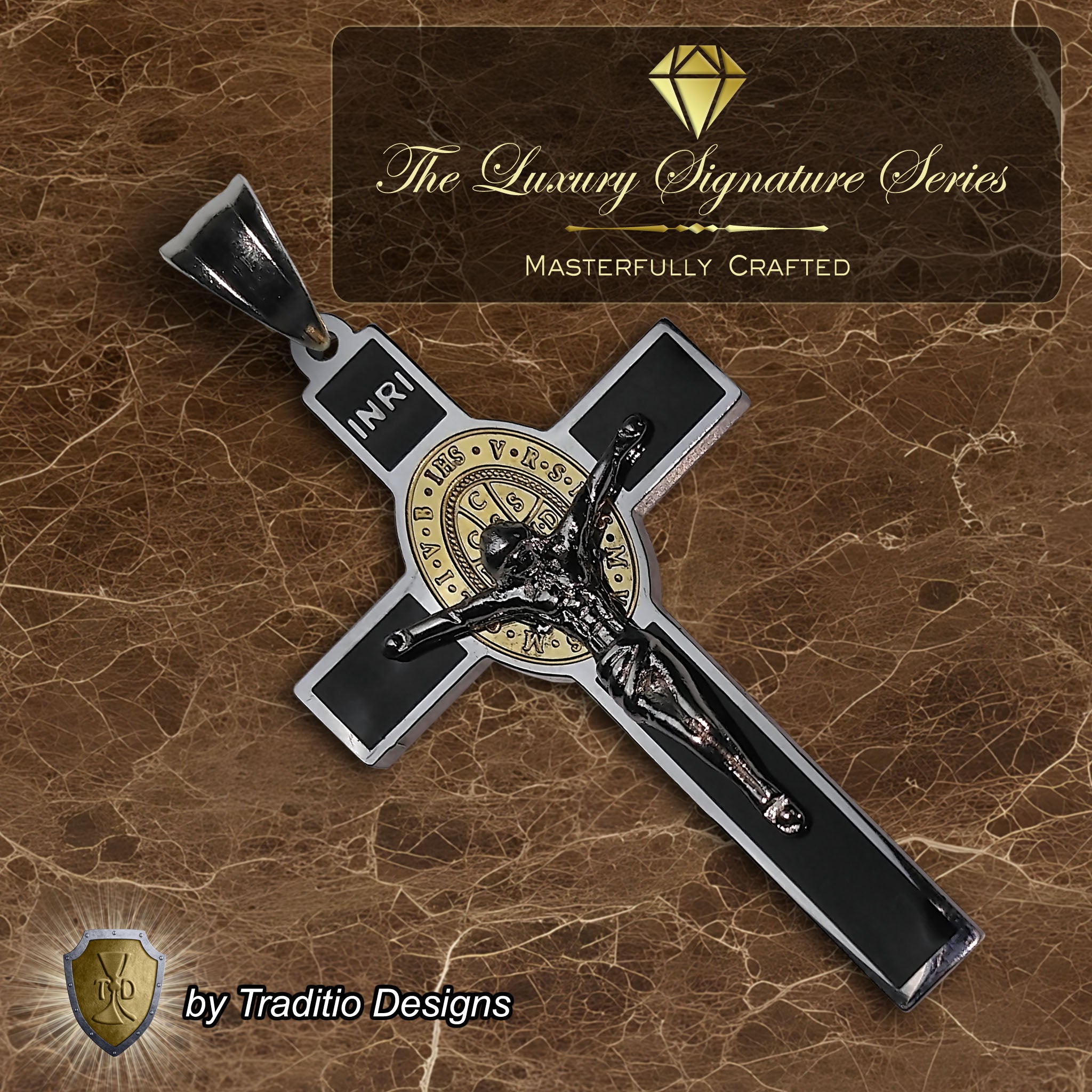 St. Benedict 18K Gold Silver-Tone Crucifix | 18K Onyx Black Seamless Center | Traditio Designs Exclusive