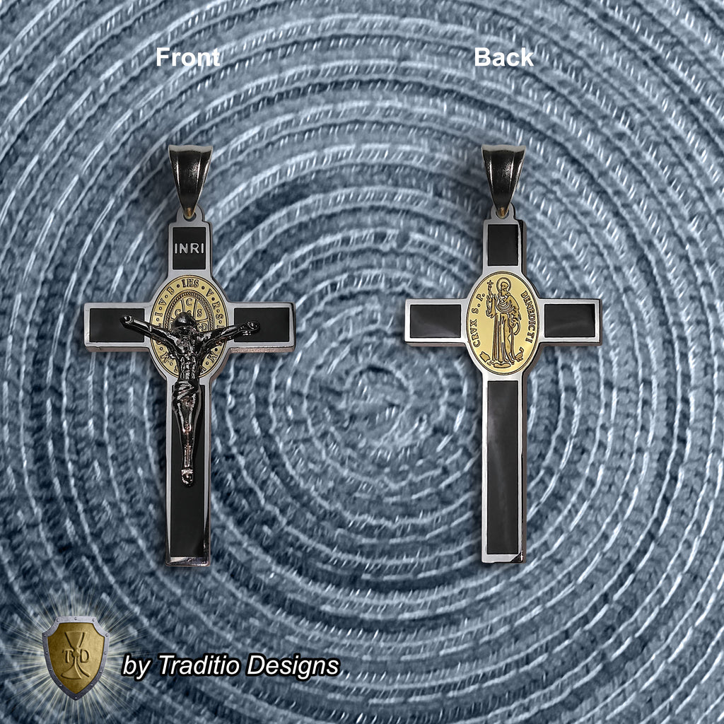 St. Benedict 18K Gold Silver-Tone Crucifix | 18K Onyx Black Seamless Center | Traditio Designs Exclusive