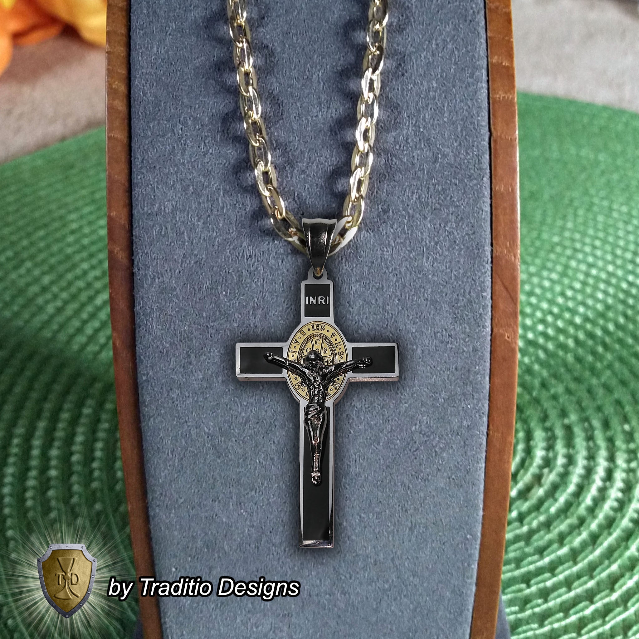 St. Benedict 18K Gold Silver-Tone Crucifix | 18K Onyx Black Seamless Center | Traditio Designs Exclusive