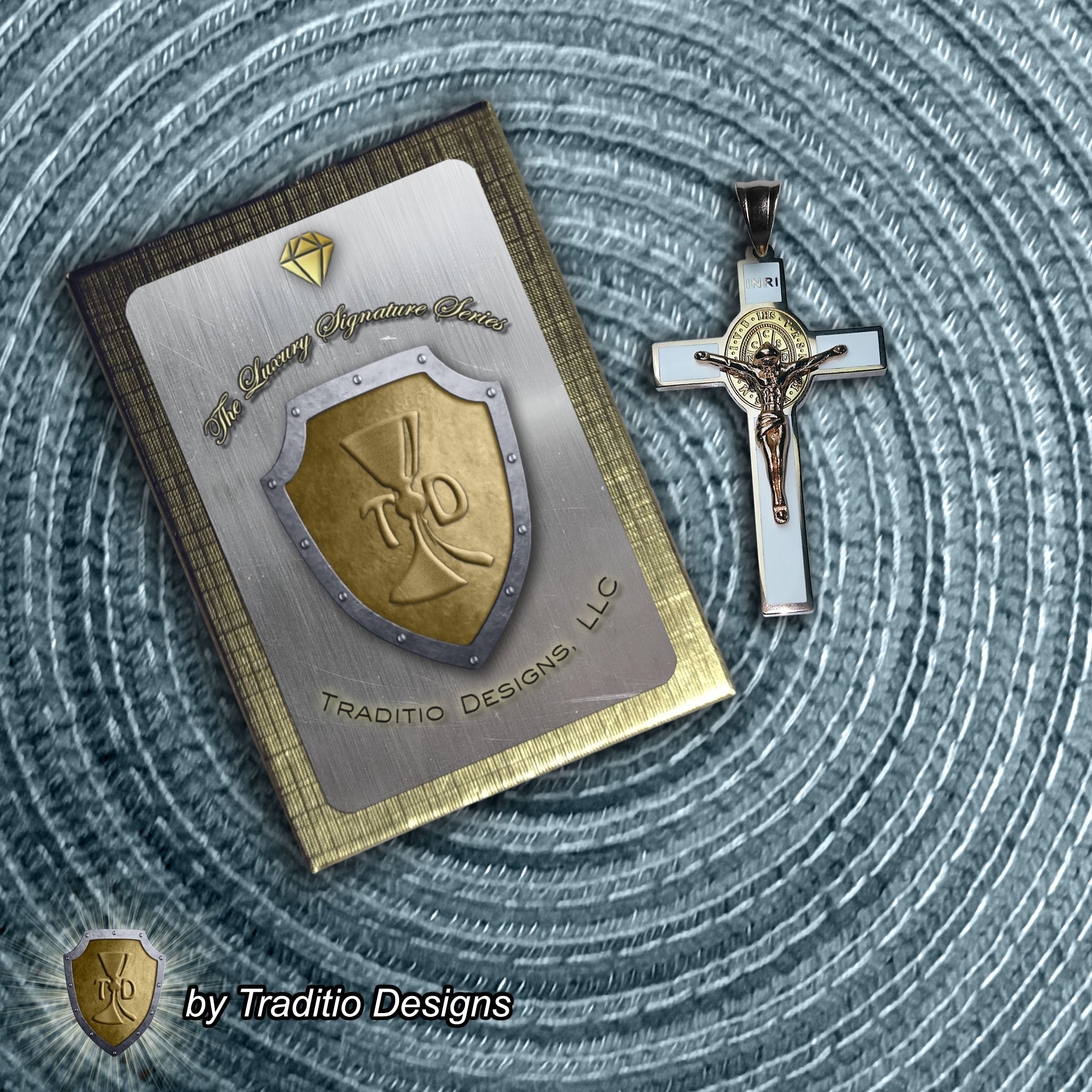 St. Benedict 18K Rose Gold Crucifix | 18K Alabaster White Seamless Center | Traditio Designs Exclusive