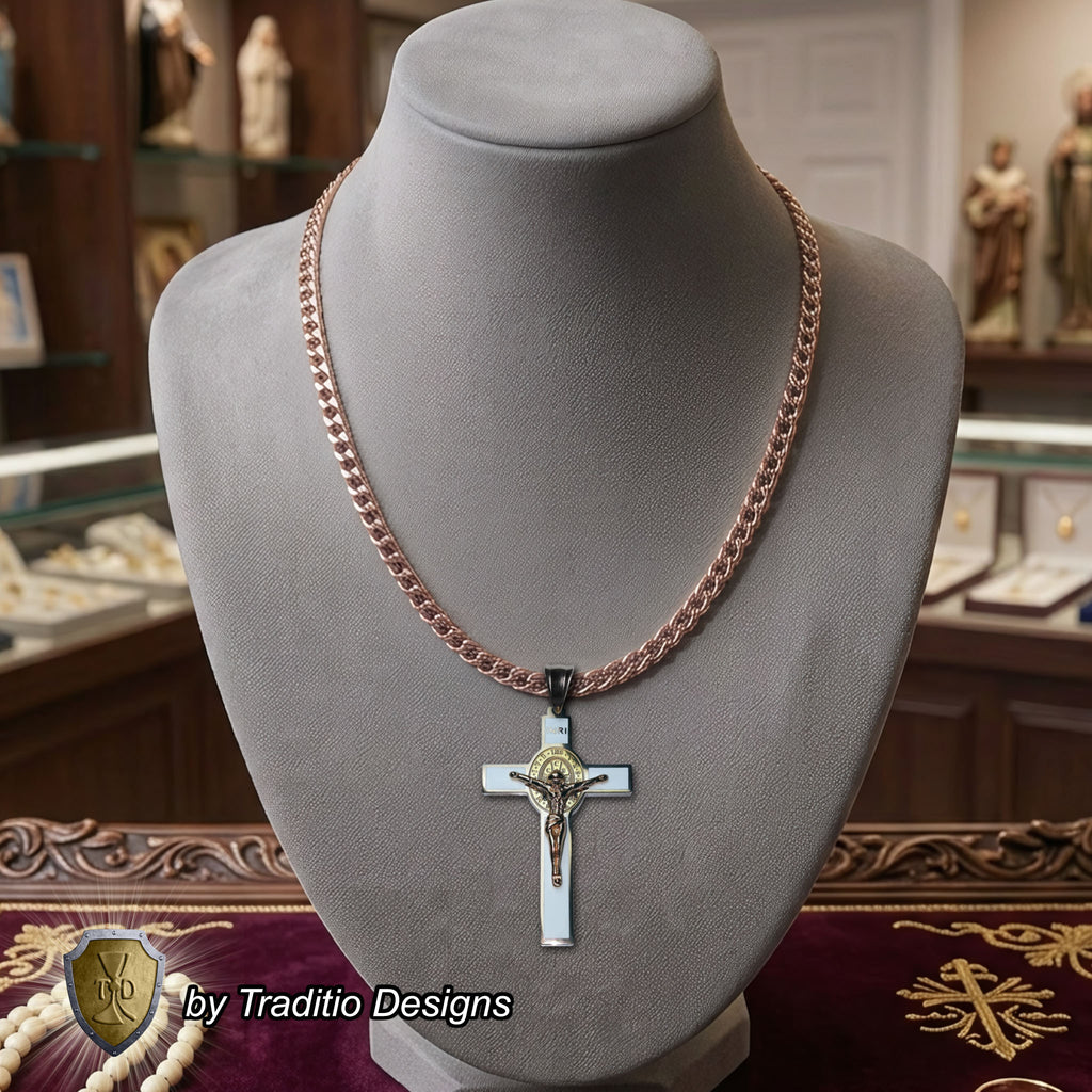 St. Benedict 18K Rose Gold Crucifix | 18K Alabaster White Seamless Center | Traditio Designs Exclusive