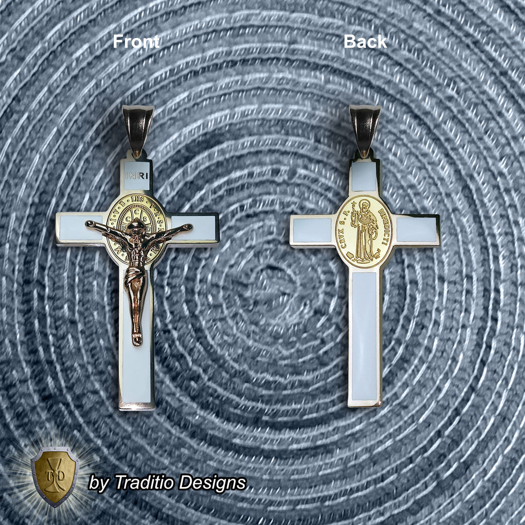 St. Benedict 18K Rose Gold Crucifix | 18K Alabaster White Seamless Center | Traditio Designs Exclusive
