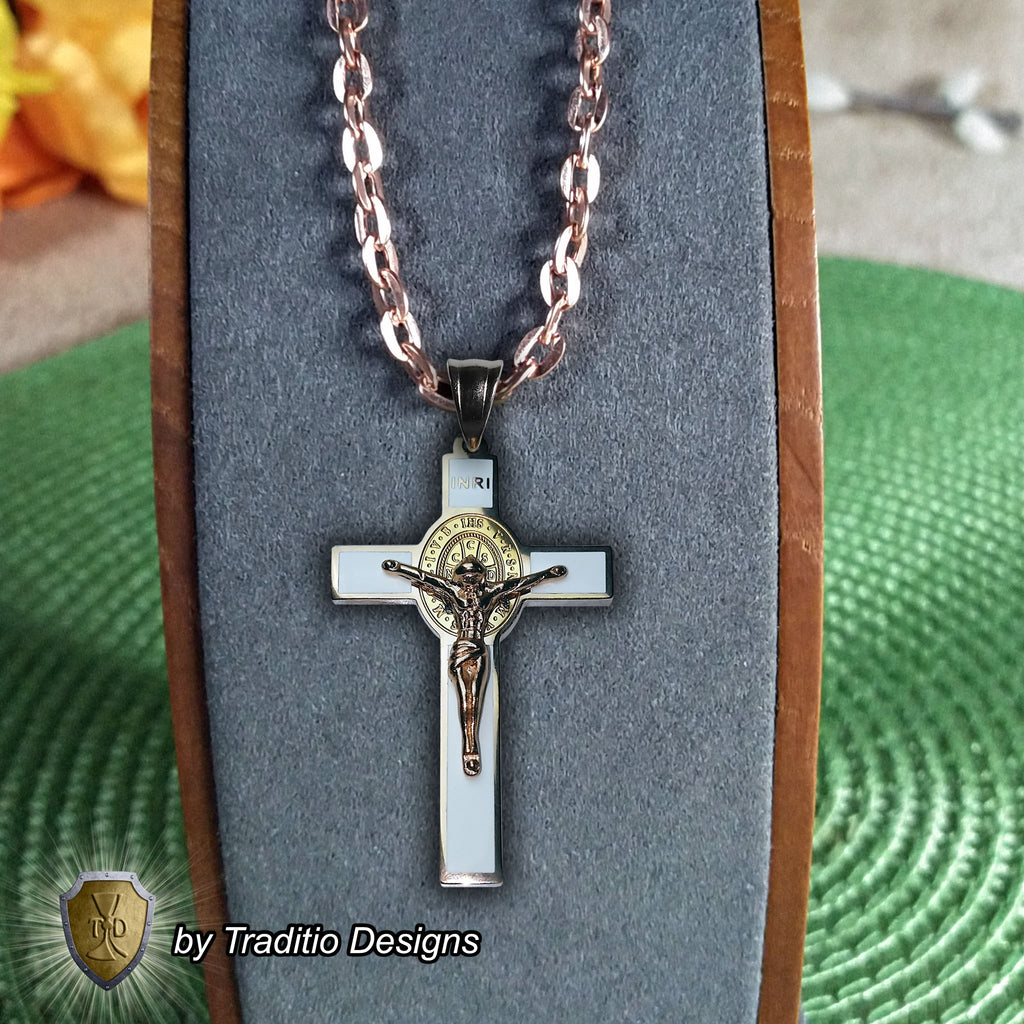 St. Benedict 18K Rose Gold Crucifix | 18K Alabaster White Seamless Center | Traditio Designs Exclusive