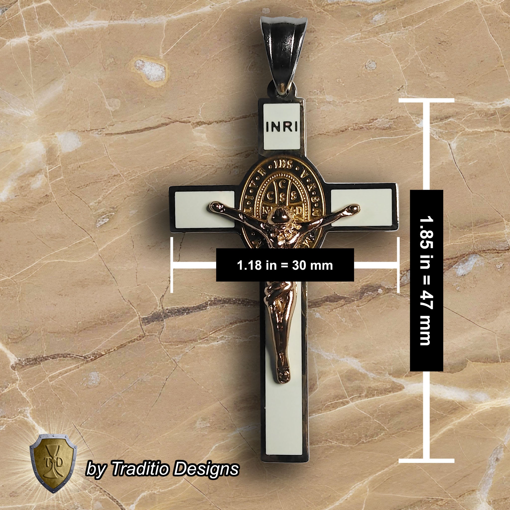 St. Benedict 18K Gold Crucifix | 18K Onyx Black Seamless Center | Traditio Designs Exclusive