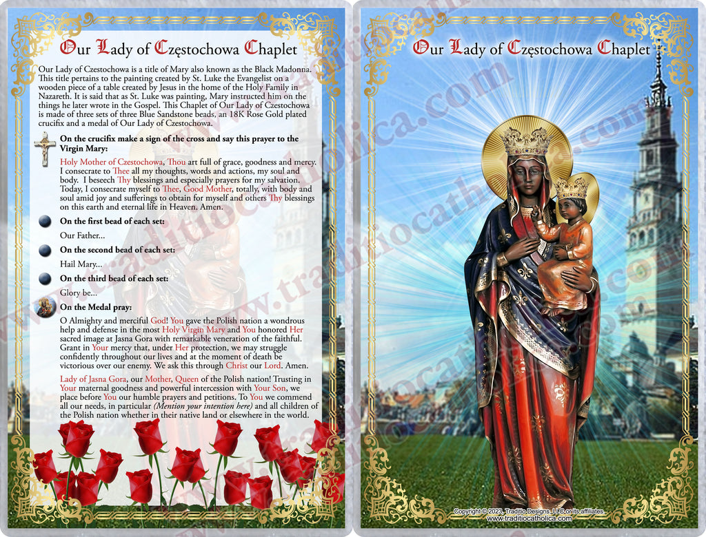 Our Lady of Czestochowa Limited Edition Royal Relic Chaplet | 18K Rose Gold Plated Crucifix | Deep Blue Sandstone | 3rd Class Relic | Includes Instruction Prayer Card