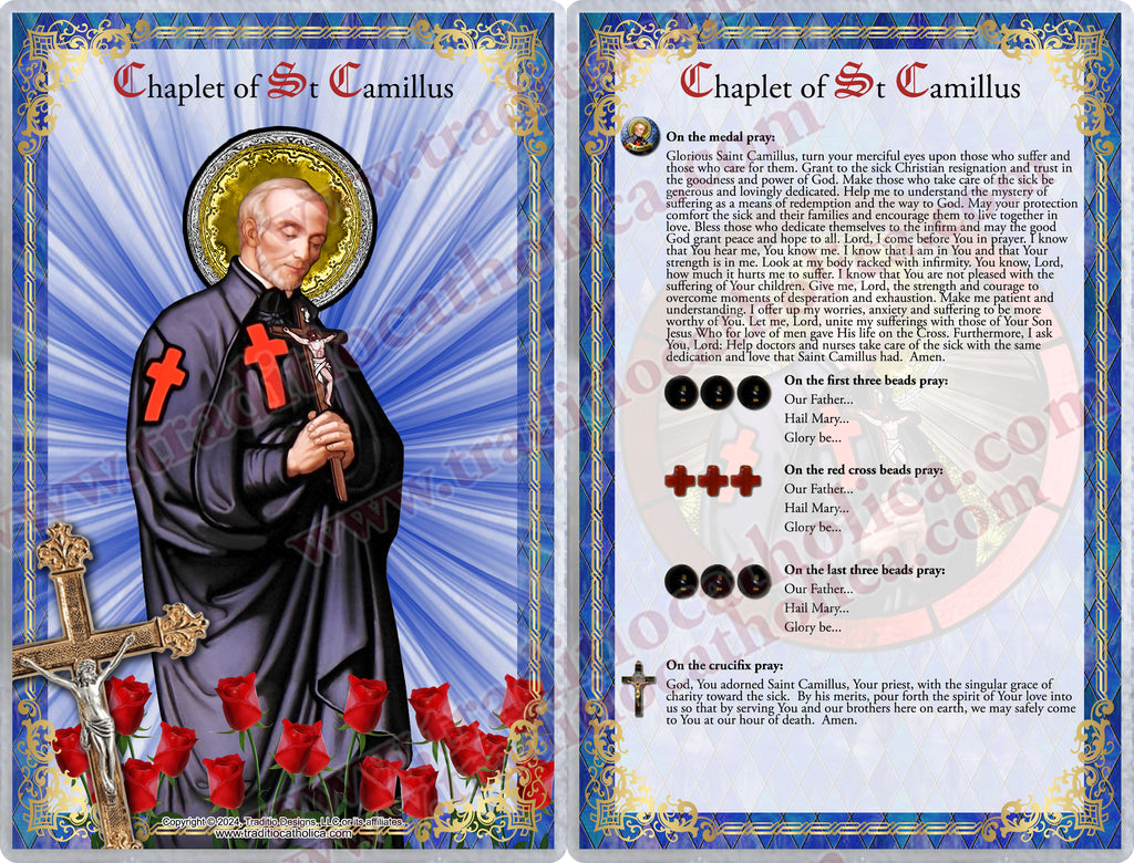 St. Camillus de Lellis Royal Limited Edition Relic Chaplet | 18K Gold Plated Crucifix | Healing of Sickness & Leg Injuries | Black Onyx & Carnelian Stones | 3rd Class Relic | Includes Instruction Prayer Card
