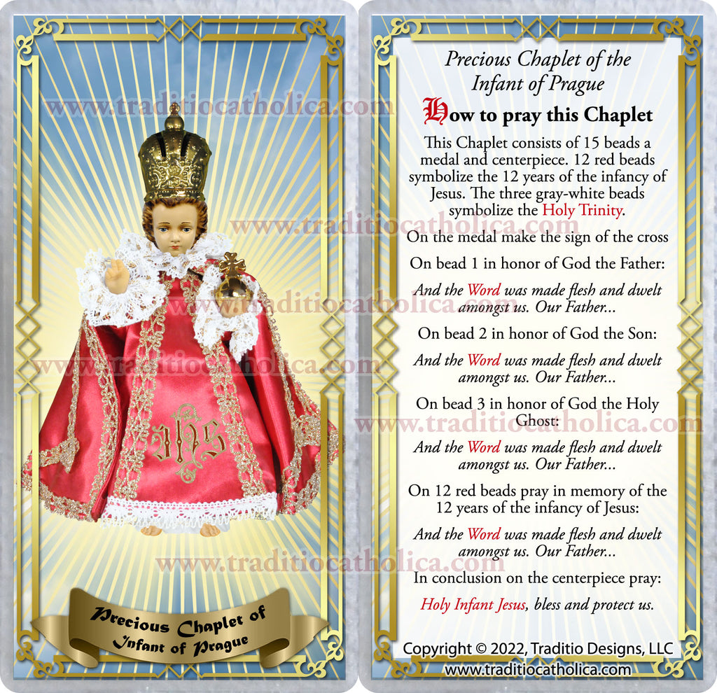 Infant of Prague Royal Limited Edition Relic Chaplet | 18K Gold Plated Eucharist Centerpiece | Carnelian & Cloudy Gray Quartz Stones | 3rd Class Relic of Christ | Includes Instruction Prayer Card