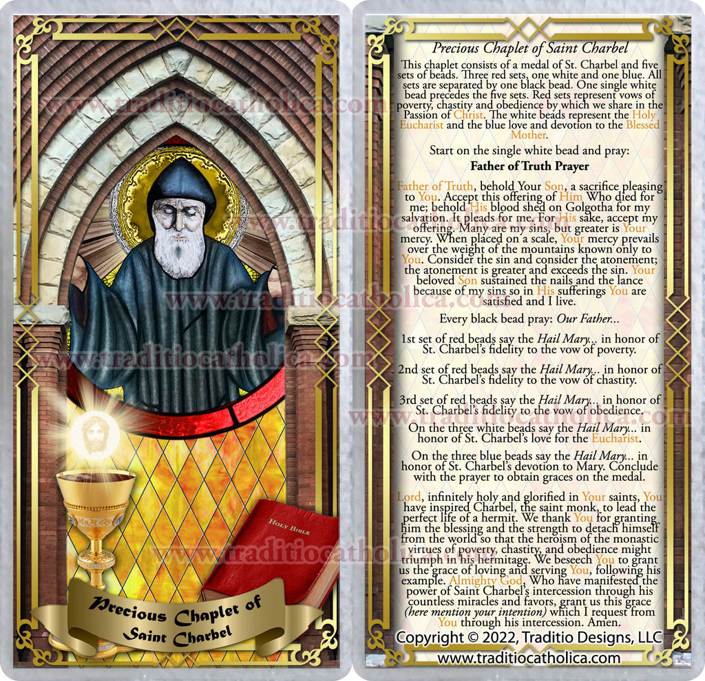 St. Charbel Majestic Limited Edition Relic Chaplet | 18K Gold Plated Eucharist Centerpiece | General Healing & Miraculous Intercession | White Alabaster, Black Onyx, Blue Aventurine & Red Jade Stones | 3rd Class Relic | Includes Instruction Prayer Card