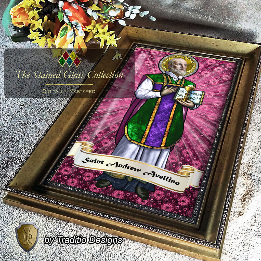St. Andrew Avellino Framed Print (Full Stained Glass) Patron of Stroke Victims - 15 Framing Options