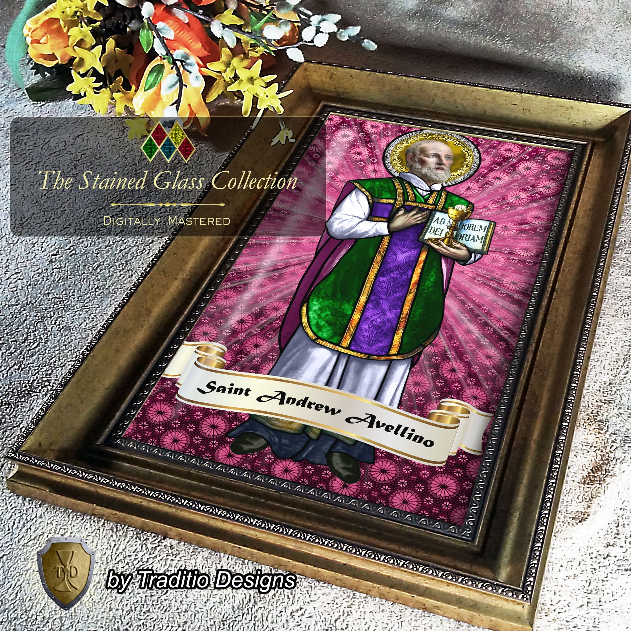 St. Andrew Avellino Framed Print (Full Stained Glass) Patron of Stroke Victims - 15 Framing Options