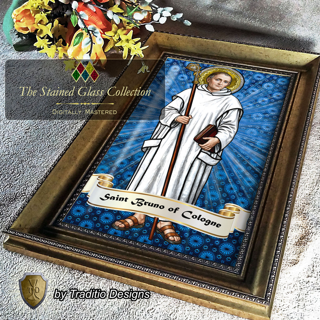 St. Bruno of Cologne Framed Print (Full Stained Glass) Patron of Spiritual Oppression - 15 Framing Options