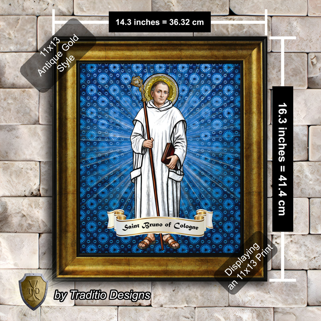 St. Bruno of Cologne Framed Print (Full Stained Glass) Patron of Spiritual Oppression - 15 Framing Options