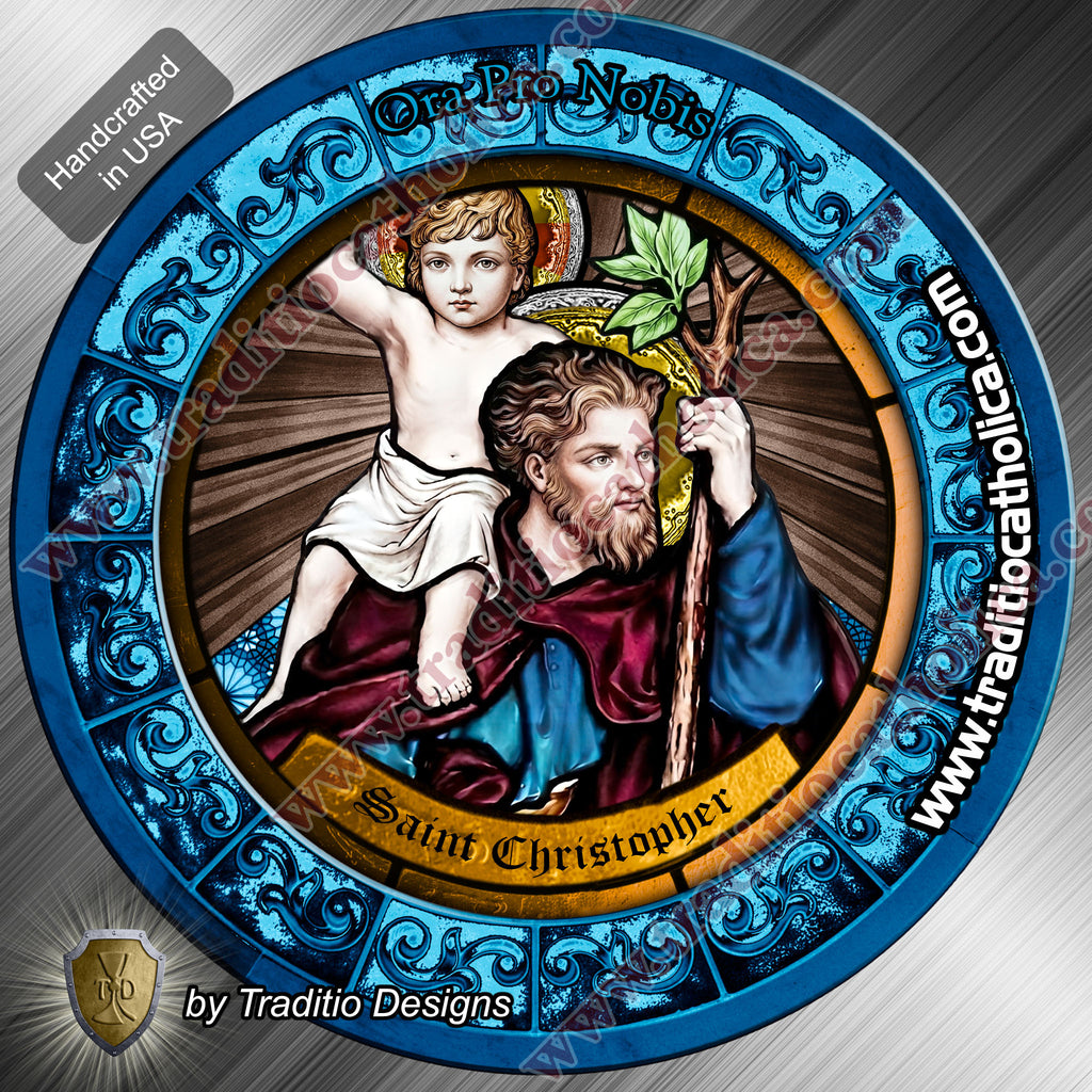 St. Christopher, Patron of Safety in Travel, Protection from Storms & Physical Strength | Flexible Round Magnet | Stained Glass Edition