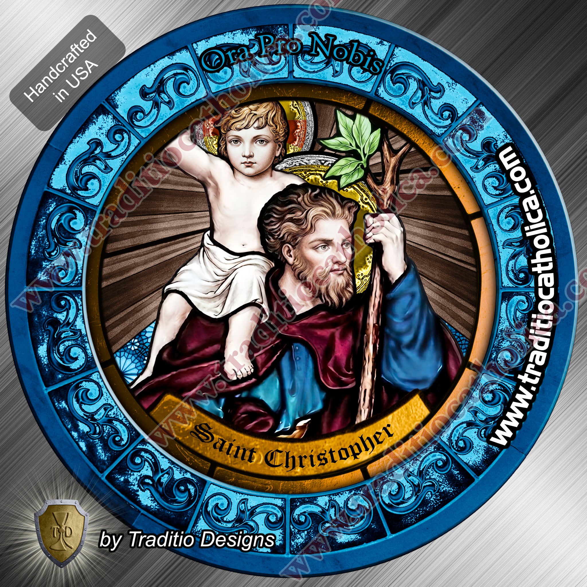 St. Christopher, Patron of Safety in Travel, Protection from Storms & Physical Strength | Flexible Round Magnet | Stained Glass Edition