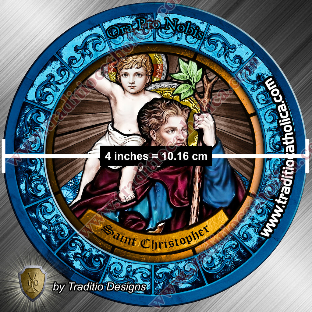 St. Christopher, Patron of Safety in Travel, Protection from Storms & Physical Strength | Flexible Round Magnet | Stained Glass Edition