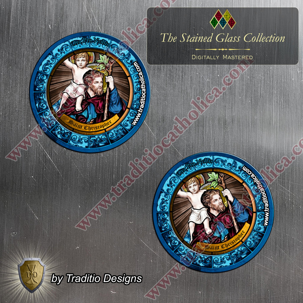 St. Christopher, Patron of Safety in Travel, Protection from Storms & Physical Strength | Flexible Round Magnet | Stained Glass Edition