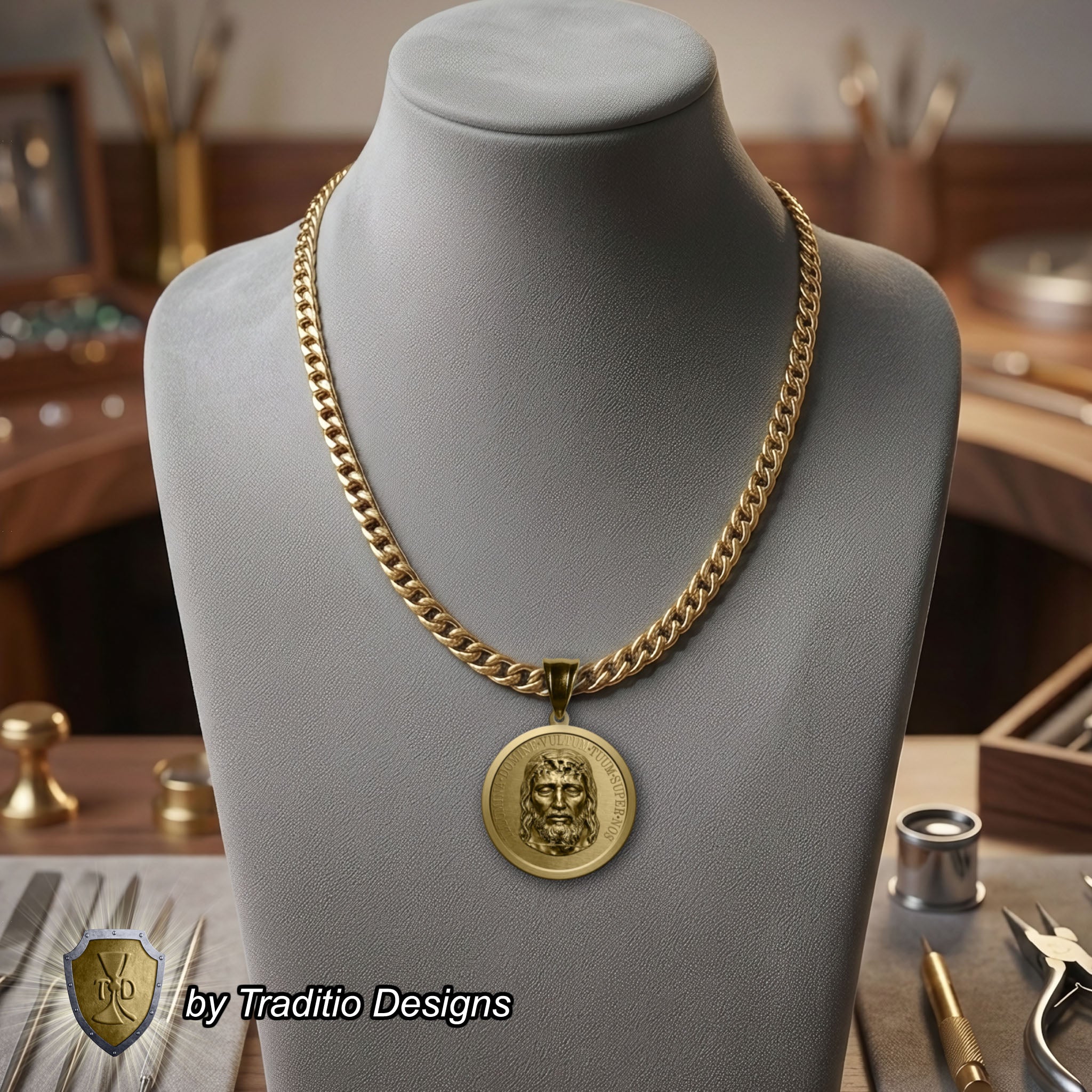 The Holy Face Medal 18K Gold Plated Pendant & 5mm Curb Chain | The Stronghold | Traditio Designs Exclusive