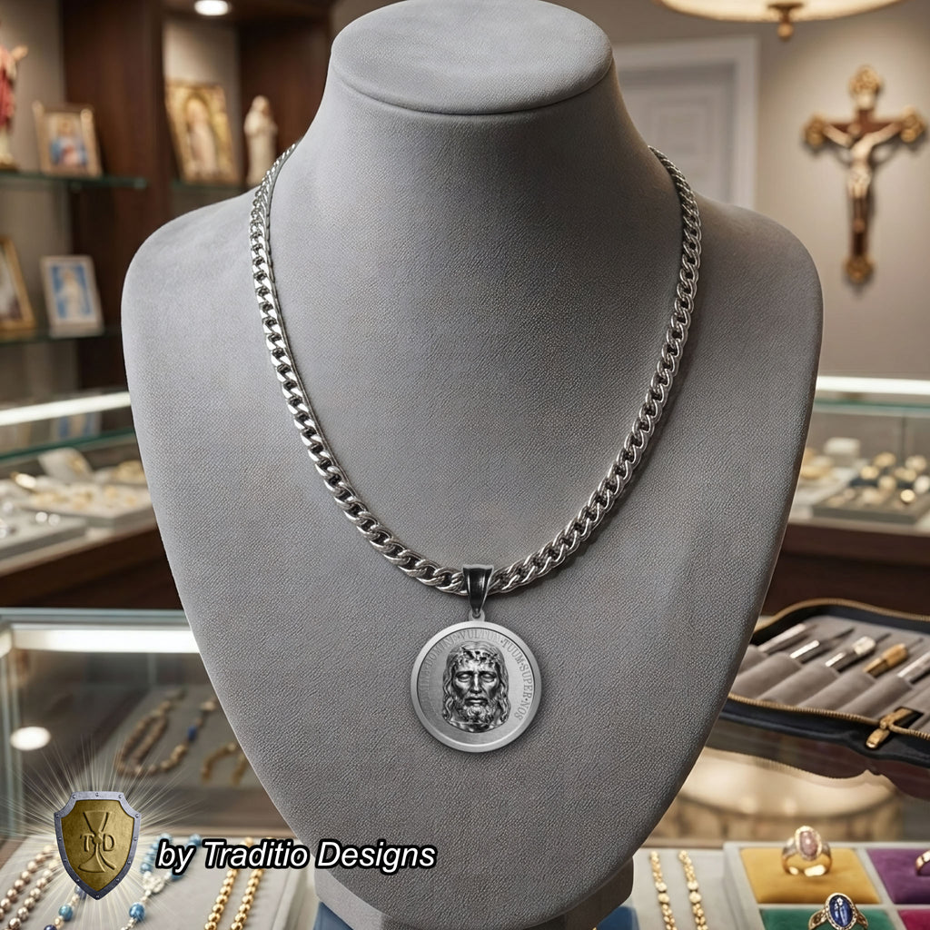 The Holy Face Medal 18K White Gold Plated Pendant | The Attack | Traditio Designs Exclusive