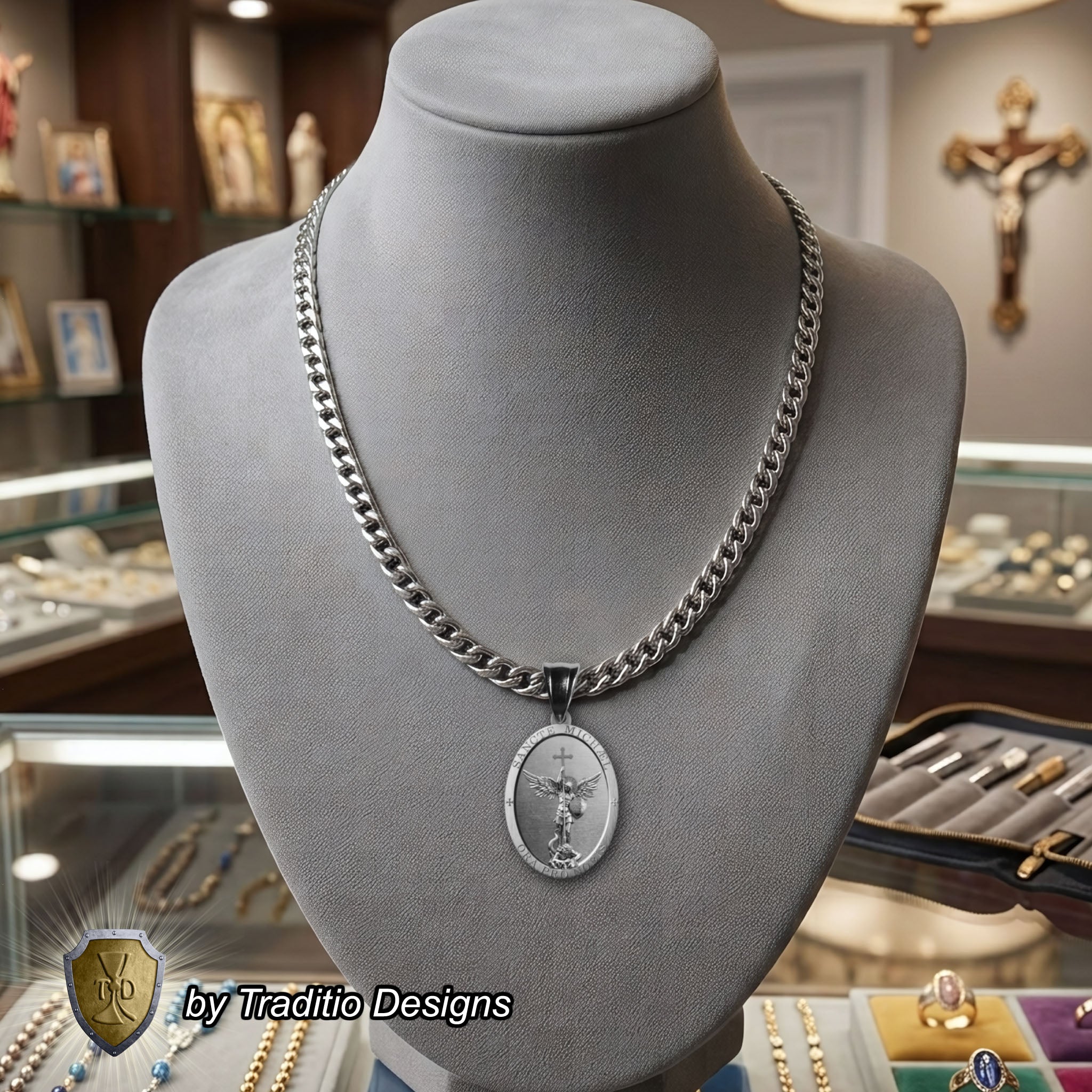 The St. Michael Medal 18K White Gold Plated Pendant | The Battle | Traditio Designs Exclusive (Copy)