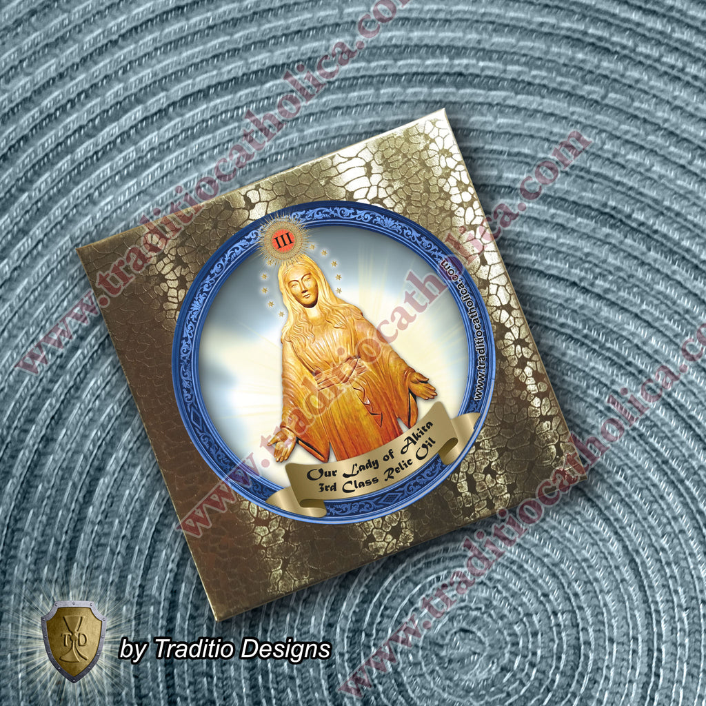 Our Lady of Akita Relic Anointing Oil | Touched to 9 Blessed Mother Relics | Oil or Card Set