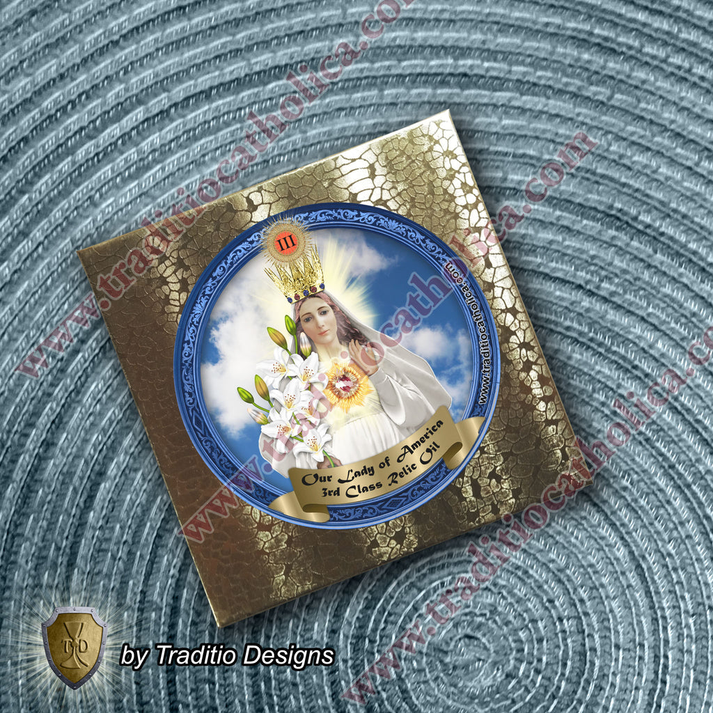 Our Lady of America Relic Anointing Oil | Touched to 9 Blessed Mother Relics | Oil or Card Set
