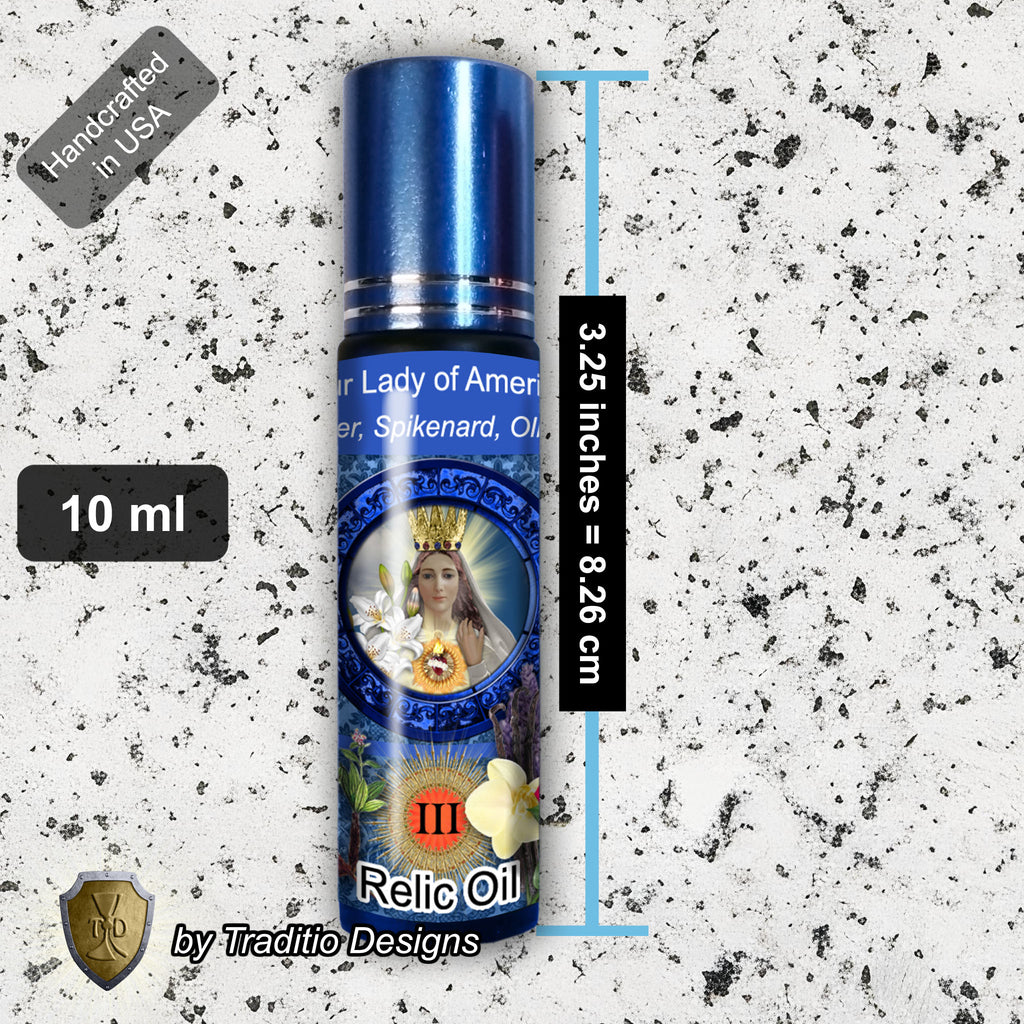Our Lady of America Relic Anointing Oil | Touched to 9 Blessed Mother Relics | Oil or Card Set