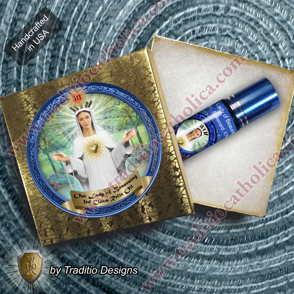 Our Lady of Beauraing Relic Anointing Oil | Touched to 9 Blessed Mother Relics | Oil or Card Set
